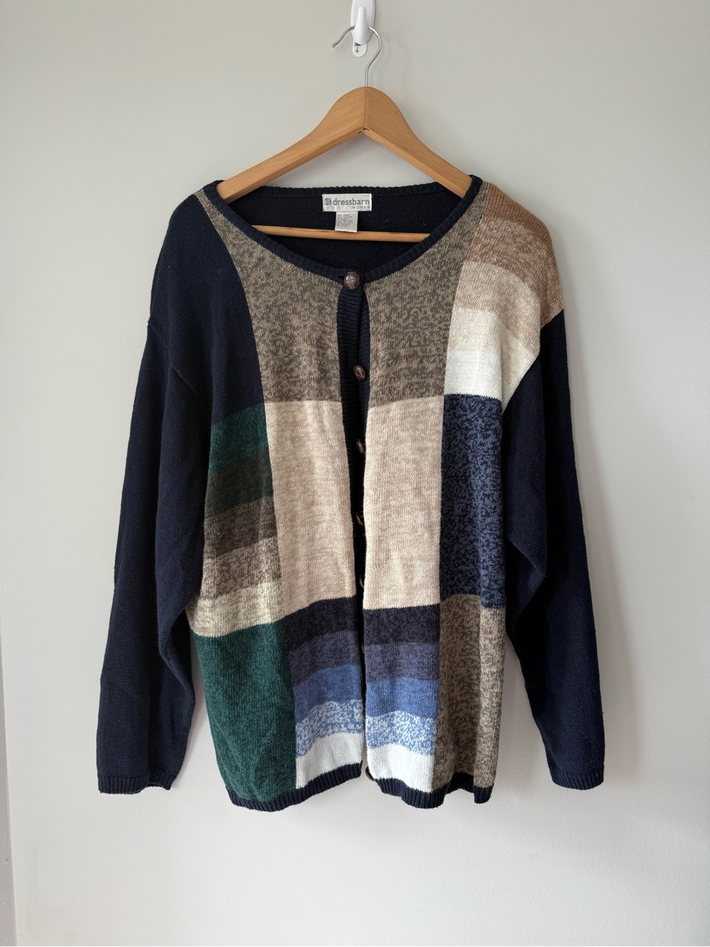 dressbarn Navy Multi-Color Patchwork Button-Front Cardigan